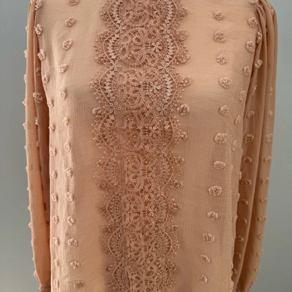 Blu Pepper Anthropologie chiffon crochet flowy boho top salmon neutral sheer - Picture 5 of 7